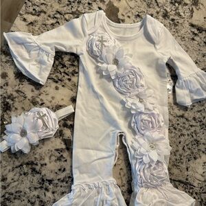 White Floral Baby Romper with Headband